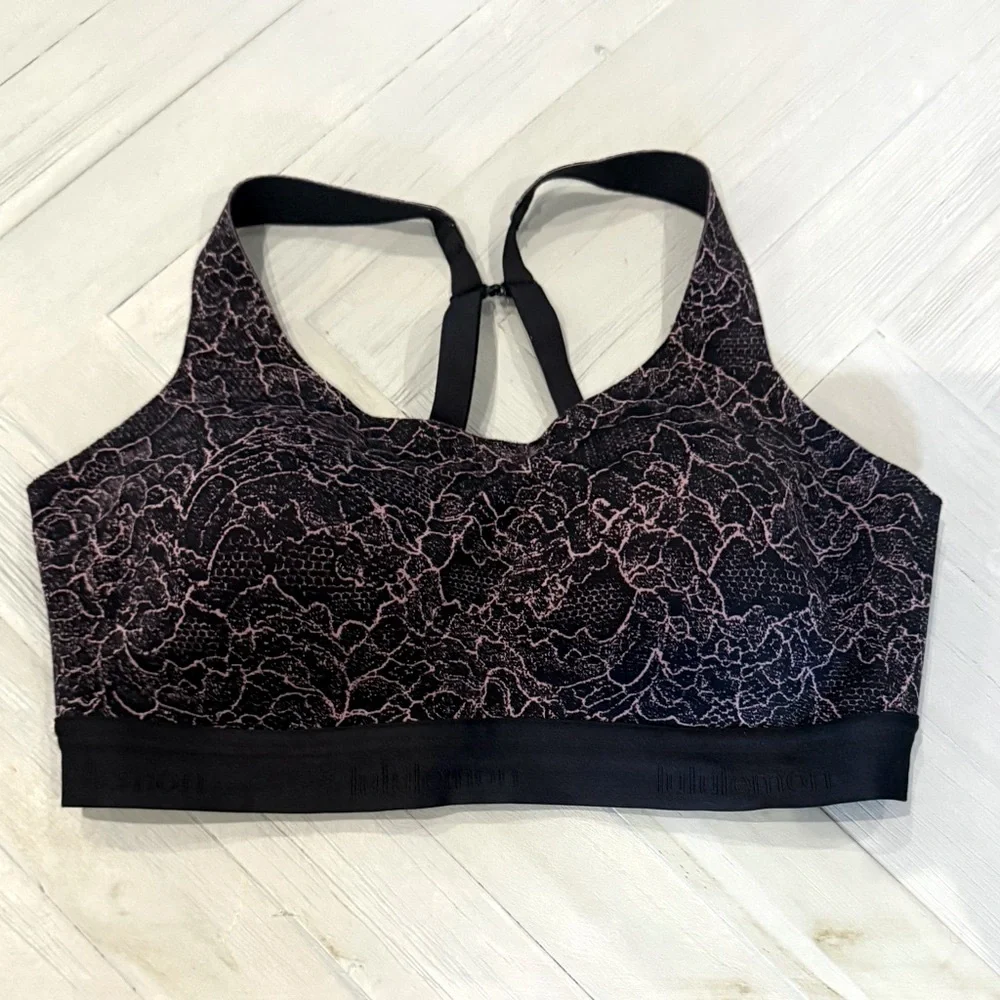 Lululemon Athletica Black and Pink Lace Print Sports Bra, Size 34D